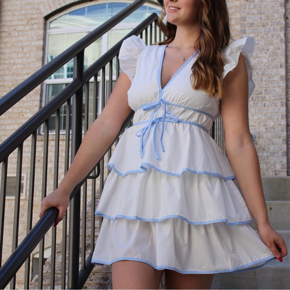 White and Blue Ruffle Dress
